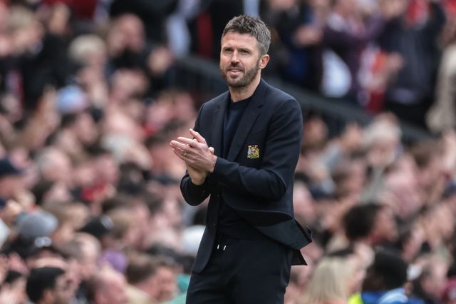 Michael Carrick manager of Manchester United celebrates the goal of Bryan Mbeumo of Manchester United to make it 3-1 during the Premier League match Manchester United vs Nottingham Forest at Old Trafford, Manchester, United Kingdom on 17 May 2026

(Photo by Mark Cosgrove/News Images)