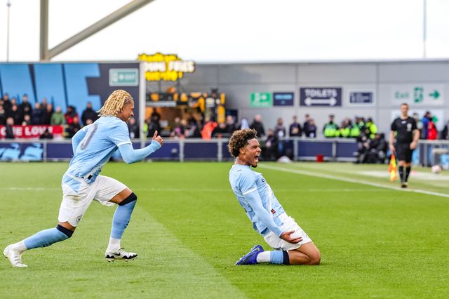 Floyd Samba of Manchester City U18's celebrates his goal to make it 1-0 during the FA Youth Cup Final match Manchester City U18 vs Manchester United U18 at Joie Stadium, Manchester, United Kingdom on 14 May 2026

(Photo by Mark Cosgrove/News Images)