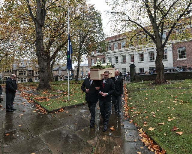 Harold Dennis “Dickie” Bird OBE coffin makes its way to the alter inside during the Funeral of Harold Dennis “Dickie” Bird OBE at St Mary's Church, Barnsley, United Kingdom, 19th October 2025

(Photo by Mark Cosgrove/News Images)