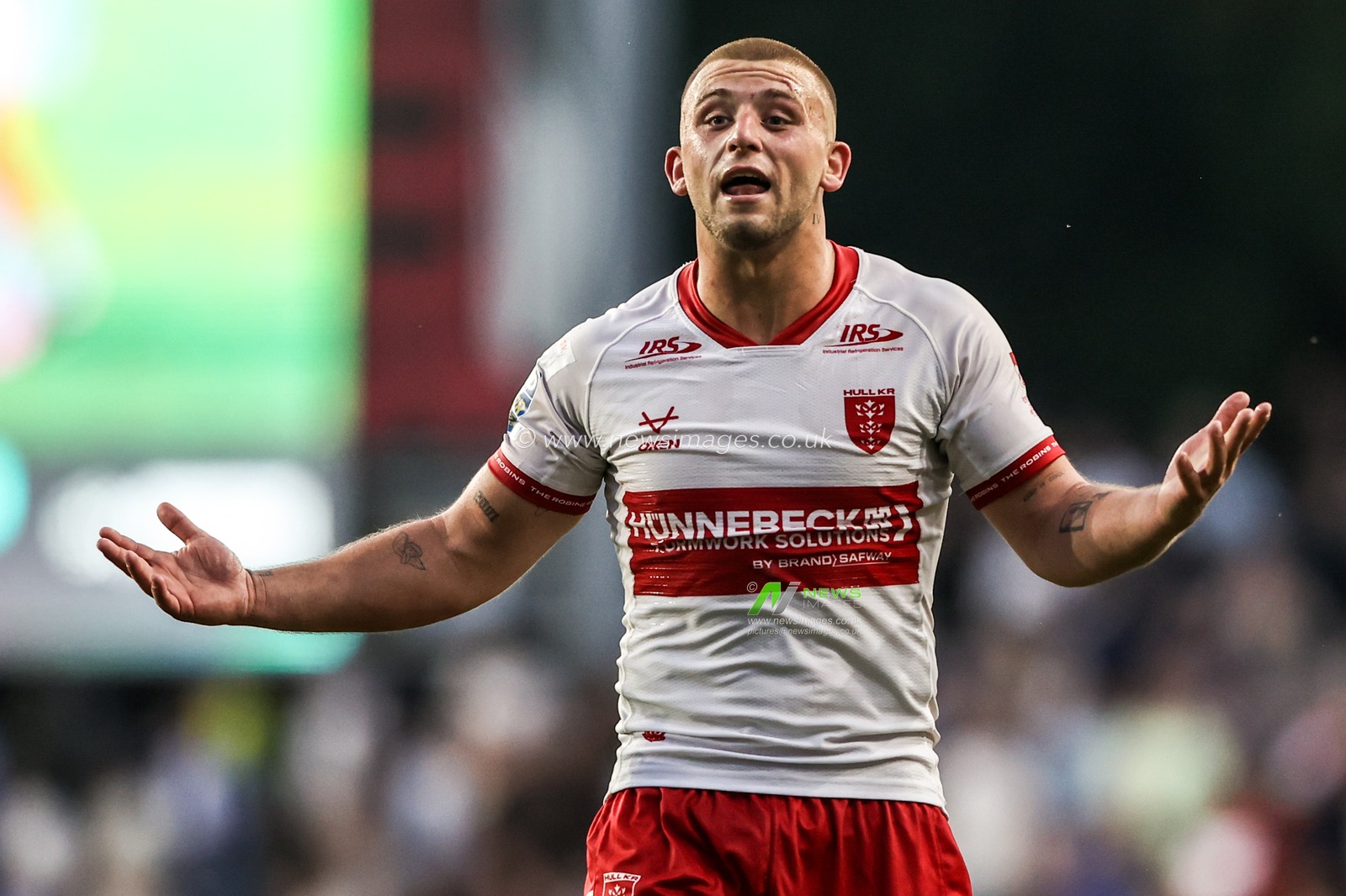 Mikey Lewis of Hull KR reacts during the Betfred Super League round 16 match Leeds Rhinos vs Hull KR at AMT Headingley Stadium, Leeds, United Kingdom on 26 June 2026

(Photo by Alfie Cosgrove/News Images)