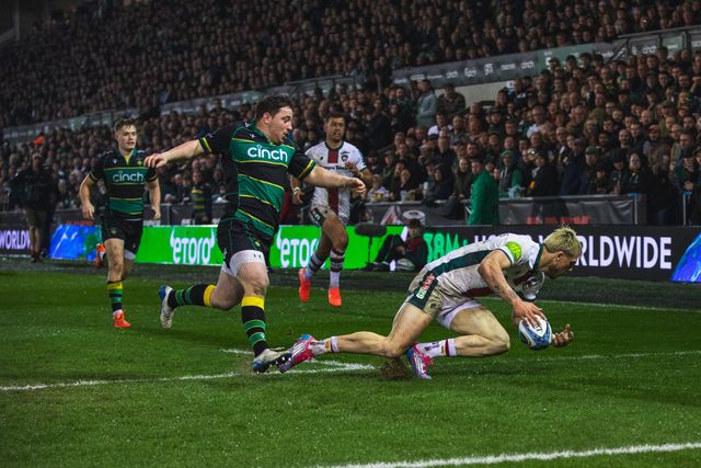 Ollie Hassell-Collins chases a Handre Pollard kick during the Gallagher Premiership match Northampton Saints vs Leicester Tigers at Cinch Stadium at Franklin's Gardens, Northampton, United Kingdom, 21st March 2025

(Photo by Craig Evans/News Images)