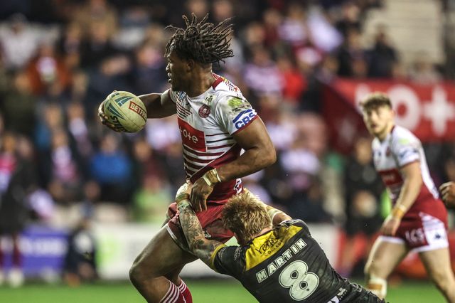 Junior Nsemba of Wigan Warriors is tackled by Jack Martin of York Knights during the Betfred Super League round 5 match Wigan Warriors vs York Knights at The Brick Community Stadium, Wigan, United Kingdom on 19 March 2026

(Photo by Alfie Cosgrove/News Images)