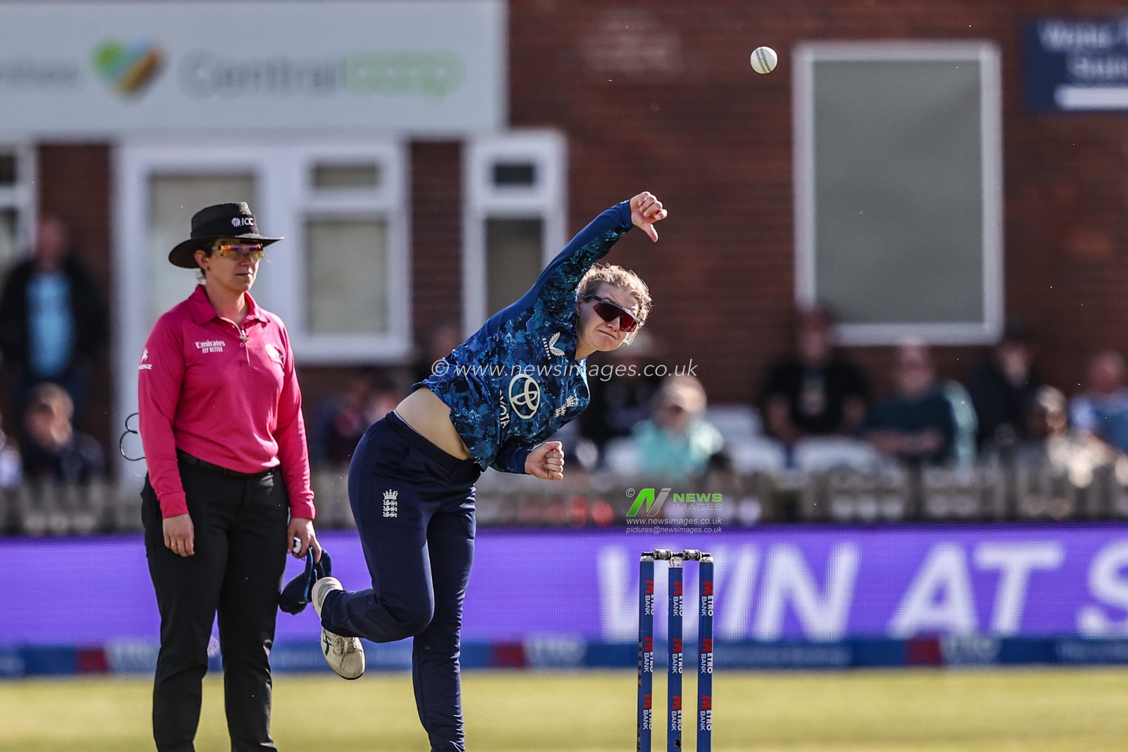 Charlie Dean of England delivers the ball during the Metro Bank One Day International match England Women vs West Indies Women at Derbyshire County Cricket Club, Derby, United Kingdom, 30th May 2025

(Photo by Alfie Cosgrove/News Images)