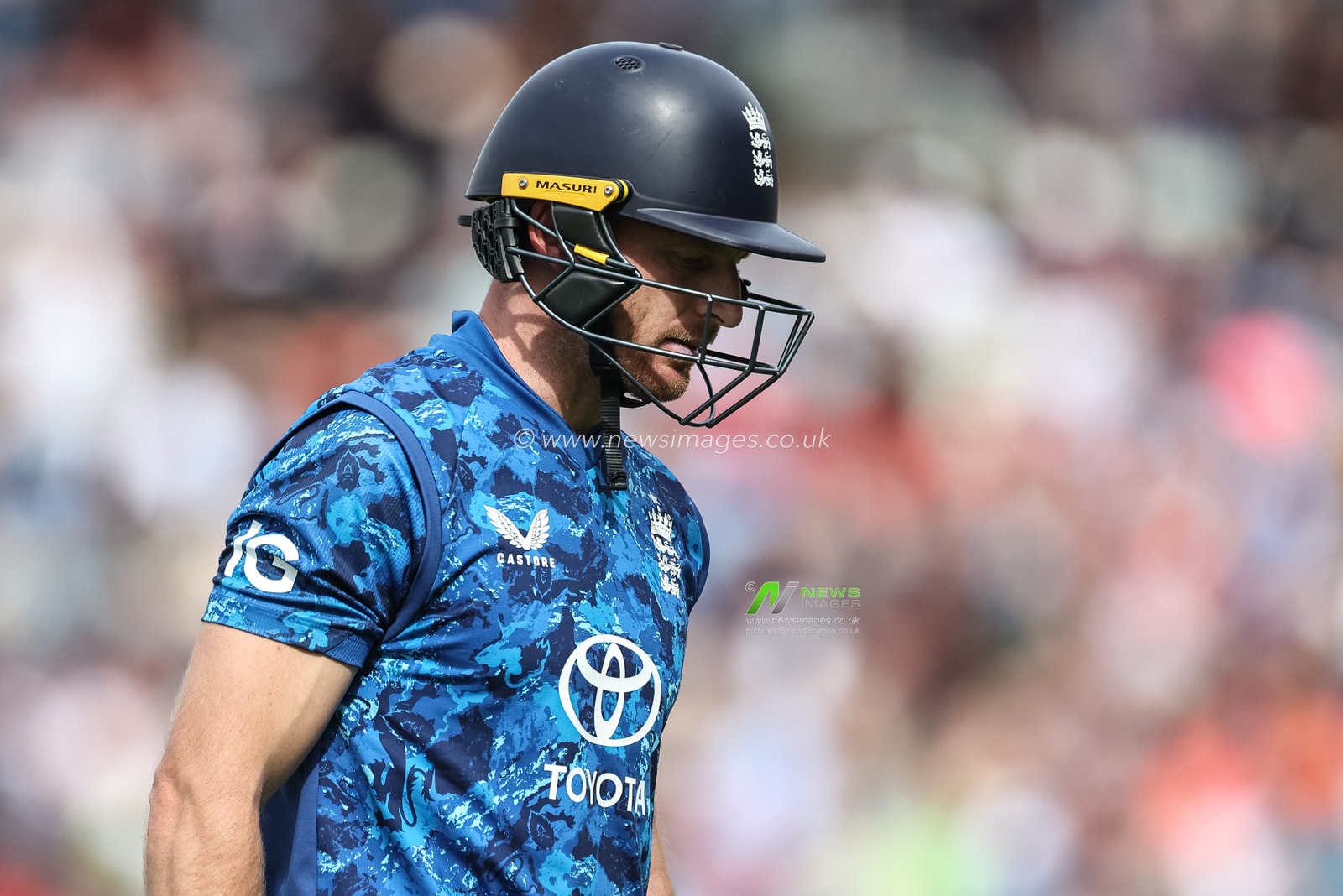 Jos Buttler of England leaves the field of play after been caught out by Jayden Seales of West Indies during the 1st Metro Bank ODI England vs West Indies at Edgbaston, Birmingham, United Kingdom, 29th May 2025

(Photo by Mark Cosgrove/News Images)