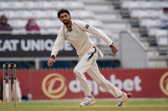 Shoaib Bashir of Derbyshire bowls during the County Championship Division Two Derbyshire vs Northamptonshire day four match at The Central Co-Op County Ground, Derby, United Kingdom on 11 May 2026

(Photo by Maynard Manyowa/News Images)