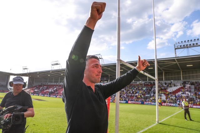 Sam Burgess Head Coach of Warrington Wolves celebrates his teams win after the Betfred Challenge Cup Semi-final match Warrington Wolves vs Leigh Leopards at Totally Wicked Stadium, St Helens, United Kingdom, 11th May 2025

(Photo by Gareth Evans/News Images)