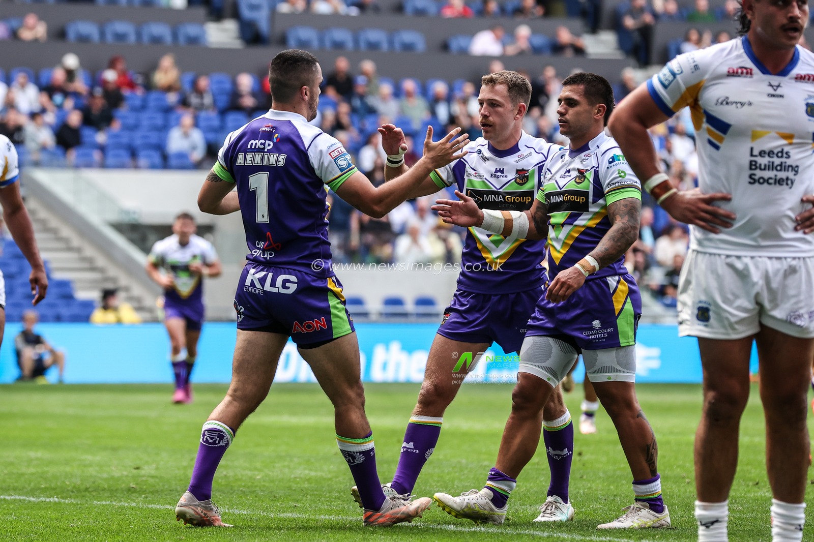 Caleb Aekins of Bradford Bulls celebrates his try during the Betfred Super League Magic Weekend match Leeds Rhinos vs Bradford Bulls at Hill Dickinson Stadium, Liverpool, United Kingdom on 05 July 2026

(Photo by Alfie Cosgrove/News Images)