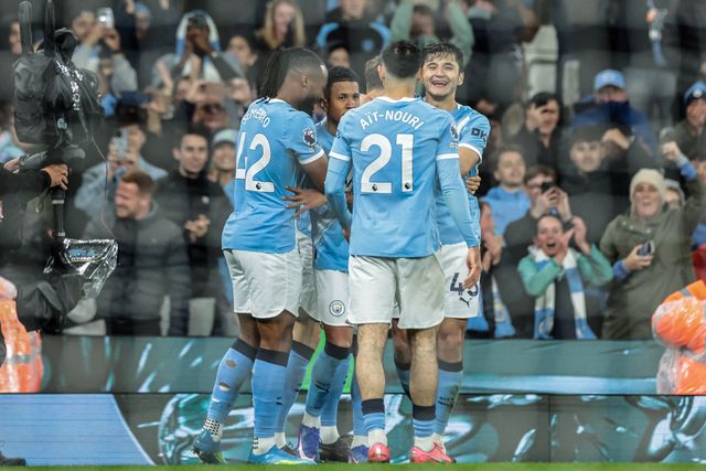 Savino of Manchester City celebrates his goal to make it 3-0 during the Premier League match Manchester City vs Crystal Palace at Etihad Stadium, Manchester, United Kingdom on 13 May 2026

(Photo by Mark Cosgrove/News Images)