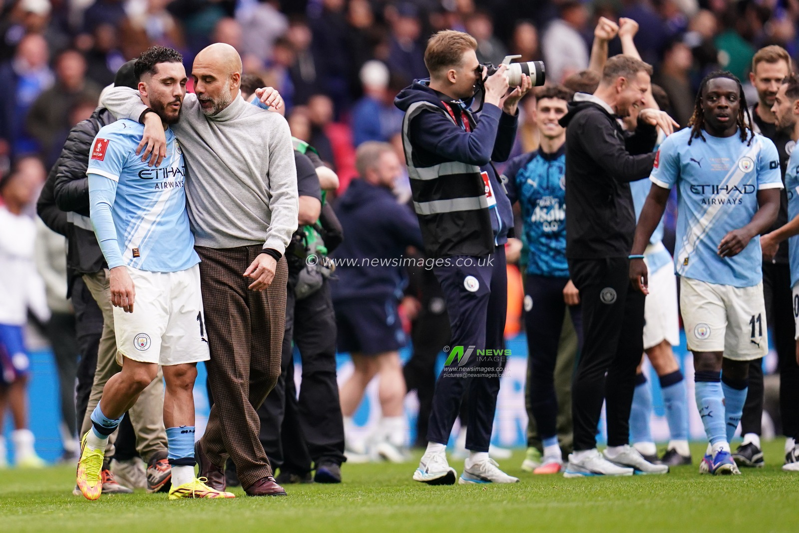 Josep Guardiola manager of Manchester City and Rayan Cherki of Manchester City during the Emirates FA Cup Final match Chelsea vs Manchester City at Wembley Stadium, London, United Kingdom on 16 May 2026

(Photo by Harvey Murphy/News Images)