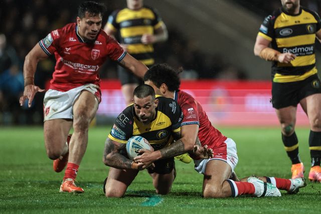 Paul Vaughan of York Knights is tackled by Tyrone May of Hull KR during the Betfred Super League Round 1 match York Knights vs Hull KR at LNER Community Stadium, Lincoln, United Kingdom on 12 February 2026

(Photo by Mark Cosgrove/News Images)