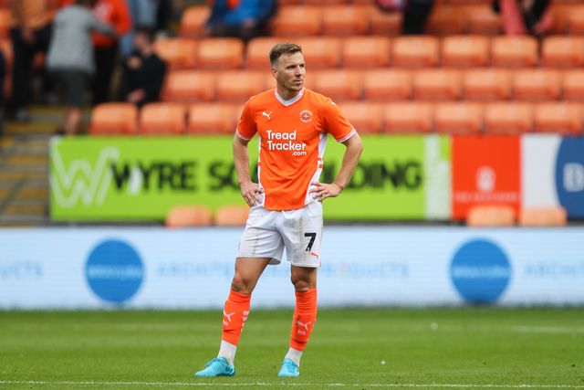 Lee Evans of Blackpool reacts to his side conceding a goal to make it 0-2 during the Sky Bet League 1 match Blackpool vs Stockport County at Bloomfield Road, Blackpool, United Kingdom, 17th August 2024

(Photo by Gareth Evans/News Images)
