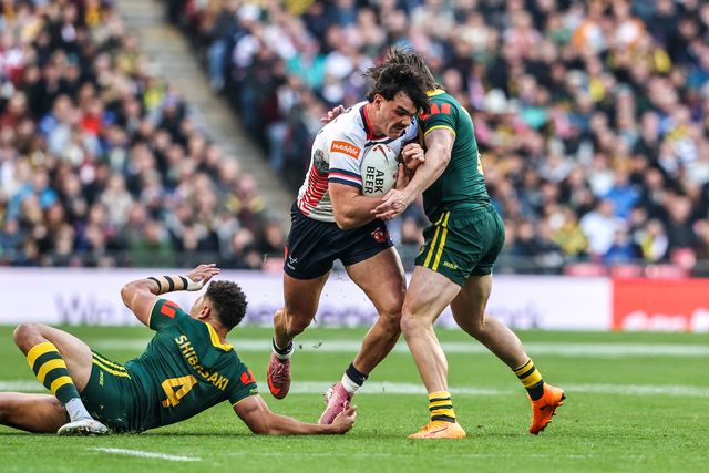 Herbie Farnworth of England is tackled during the The Ashes Series 2025 England vs Australia at Wembley Stadium, London, United Kingdom, 25th October 2025

(Photo by Alfie Cosgrove/News Images)