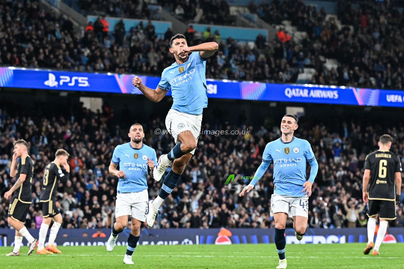 Matheus Nunes of Manchester City celebrates his goal to make it 5-0 during the UEFA Champions League, League Stage Manchester City v Sparta Prague at Etihad Stadium, Manchester, United Kingdom, 23rd October 2024

(Photo by Cody Froggatt/News Images)