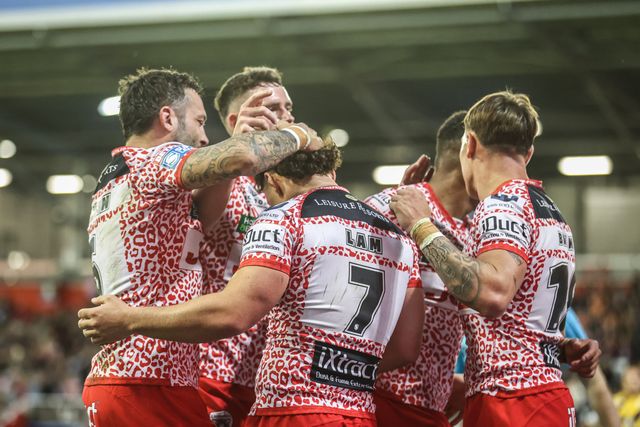 Lachlan Lam of Leigh Leopards celebrates his try during the Betfred Super League round 25 match Leigh Leopards vs Castleford Tigers at Leigh Sports Village, Leigh, United Kingdom, 28th August 2025

(Photo by Alfie Cosgrove/News Images)