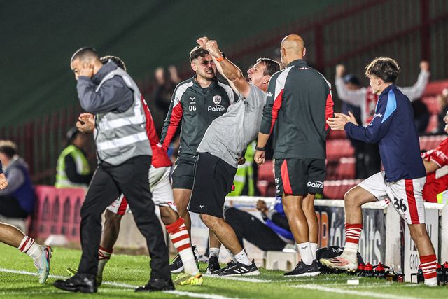 Daniel Stendel manager of Barnsley celebrates as referee Jamie O'Connor blows the final whistle during the Sky Bet League One match Barnsley vs Blackpool at Oakwell, Barnsley, United Kingdom on 02 September 2026

(Photo by Alfie Cosgrove/News Images)