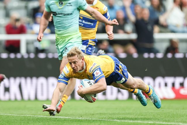 Lachlan Miller of Leeds Rhinos goes over for a try during the Betfred Magic Weekend 2025 match St Helens vs Leeds Rhinos at St. James's Park, Newcastle, United Kingdom, 3rd May 2025

(Photo by Mark Cosgrove/News Images)