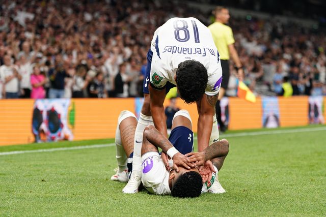 Savio of Tottenham Hotspur and Mateus Fernandes of Tottenham Hotspur as they make it 5-0 during the Carabao Cup round 2 match Tottenham Hotspur vs Charlton Athletic at Tottenham Hotspur Stadium, London, United Kingdom on 26 August 2026

(Photo by Harvey Murphy/News Images)