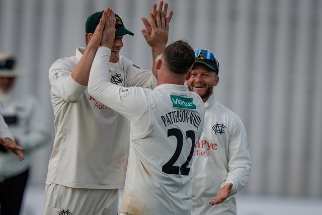 Liam Patterson-White celebrates the wicket of Jonathan Tattersall with Ben Duckett, and other team matesduring the County Championship Division One day 3 Leicestershire vs Nottinghamshire at Grace Road, Leicester, United Kingdom on 03 May 2026

(Photo by Maynard Manyowa/News Images)