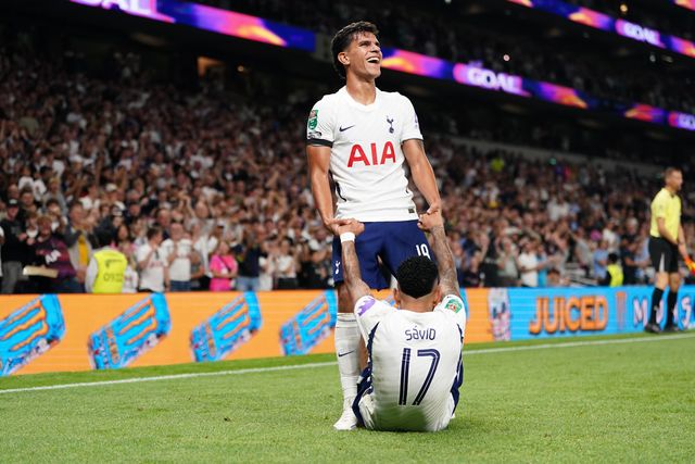Mateus Fernandes of Tottenham Hotspur and Savio of Tottenham Hotspur after 5th goal during the Carabao Cup round 2 match Tottenham Hotspur vs Charlton Athletic at Tottenham Hotspur Stadium, London, United Kingdom on 26 August 2026

(Photo by Harvey Murphy/News Images)