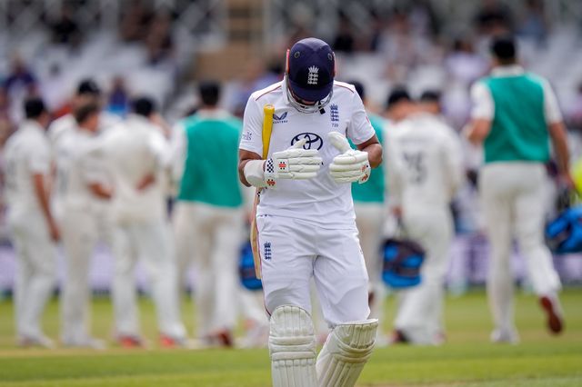 A dejected Emilio Gay of England walks off after being dismissed out caught by Tom Blundell of New Zealand off the bowling of Nathan Smith of New Zealand during the 3rd Rothesay Test Match Day 5 match England vs New Zealand at Trent Bridge, Nottingham, United Kingdom on 29 June 2026

(Photo by Maynard Manyowa/News Images)