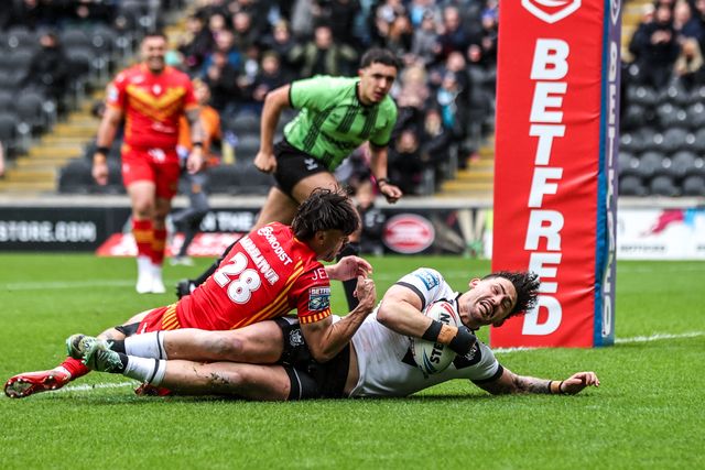 Arthur Romano of Hull FC goes over for a try during the Betfred Super League round 6 match Hull FC vs Catalans Dragons at MKM Stadium, Hull, United Kingdom on 29 March 2026

(Photo by Alfie Cosgrove/News Images)