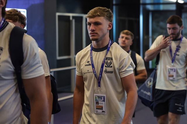 Tommy Rhodes of Warrington Wolves arrives during the Betfred Super League Magic Weekend match Leigh Leopards vs Warrington Wolves at Hill Dickinson Stadium, Liverpool, United Kingdom on 04 July 2026

(Photo by Mark Cosgrove/News Images)