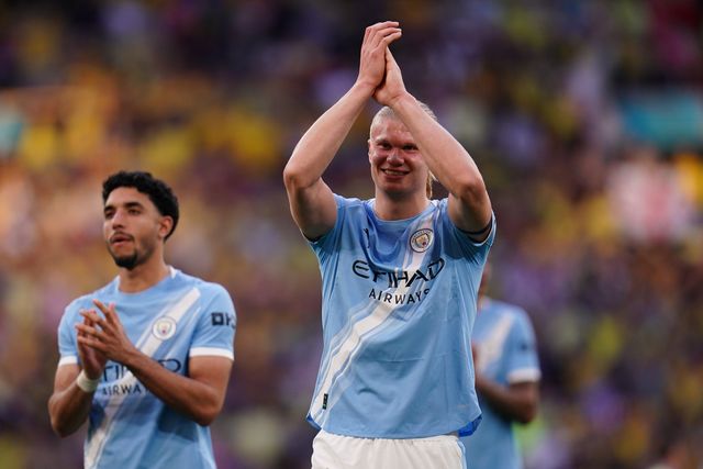 Erling Haaland of Manchester City applauds supporters during the Emirates FA Cup Semi-Final match Manchester City vs Southampton at Wembley Stadium, London, United Kingdom on 25 April 2026

(Photo by Harvey Murphy/News Images)