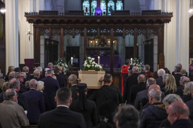 Harold Dennis “Dickie” Bird OBE coffin makes its way to the alter inside during the Funeral of Harold Dennis “Dickie” Bird OBE at St Mary's Church, Barnsley, United Kingdom, 19th October 2025

(Photo by Mark Cosgrove/News Images)