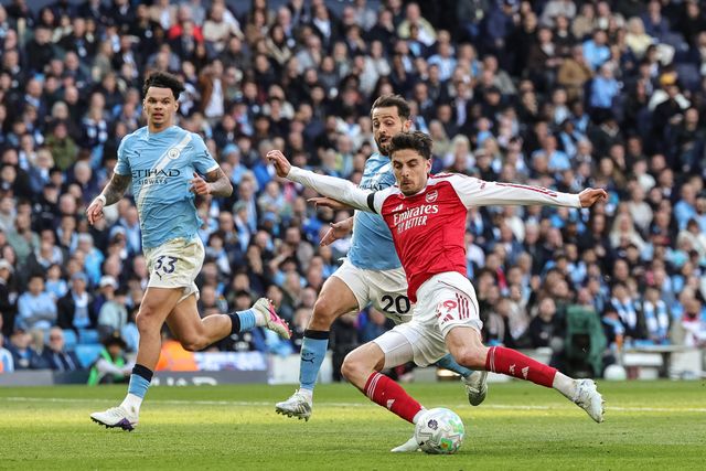 Kai Havertz of Arsenal shoots on goal, Gianluigi Donnarumma saves during the Premier League match Manchester City vs Arsenal at Etihad Stadium, Manchester, United Kingdom on 19 April 2026

(Photo by Mark Cosgrove/News Images)