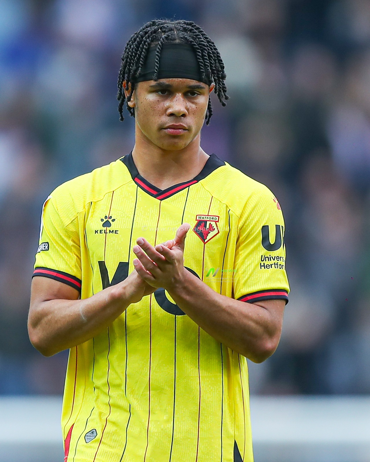 Zavier Massiah-Edwards of Watford claps fans during the Sky Bet Championship match Blackburn Rovers vs Watford at Ewood Park, Blackburn, United Kingdom, 26th April 2025

(Photo by Jorge Horsted/News Images)