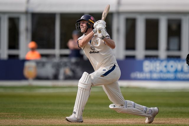 Zak Chappell holes out and is caught for the final wicket on the first innings during the County Championship Division Two Derbyshire v Gloucestershire at The Central Co-Op County Ground, Derby, United Kingdom on 26 April 2026

(Photo by Maynard Manyowa/News Images)