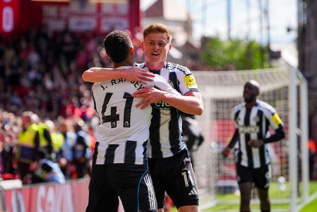 Harvey Barnes of Newcastle United celebrates his goal to make it  0-1 wth Jacob Ramsey of Newcastle United and Yoane Wissa of Newcastle United  during the Premier League match Nottingham Forest vs Newcastle Untied at City Ground, Nottingham, United Kingdom on 10 May 2026

(Photo by Maynard Manyowa/News Images)