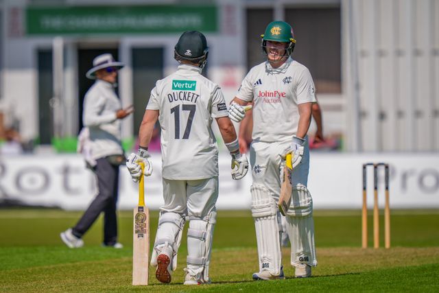 Ben Duckett of Nottinghamshire celebrates scoring 50 runs as he reaches his half century with Ben Slater of Nottinghamshire during Leicestershire County Cricket Club vs Nottinghamshire County Cricket Club in Country Cricket Division One Day 1 at Grace Road, Leicester, United Kingdom on 01 May 2026

(Photo by Maynard Manyowa/News Images)
