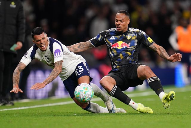 Pedro Porro of Tottenham Hotspur and Lukas Nmecha of Leeds United battle during the Premier League match Tottenham Hotspur vs Leeds United at Tottenham Hotspur Stadium, London, United Kingdom on 11 May 2026

(Photo by Harvey Murphy/News Images)