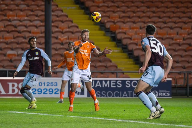 Jordan Rhodes of Blackpool heads on goal during the Vertu Trophy match Blackpool vs Aston Villa U21 at Bloomfield Road, Blackpool, United Kingdom, 17th December 2024

(Photo by Craig Thomas/News Images)