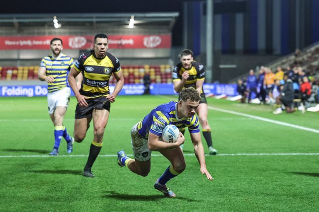 Cai Taylor-Wray of Warrington Wolves goes over for a try during the Betfred Super League Round 4 match York Knights vs Warrington Wolves at LNER Community Stadium, York, United Kingdom on 06 March 2026

(Photo by Mark Cosgrove/News Images)