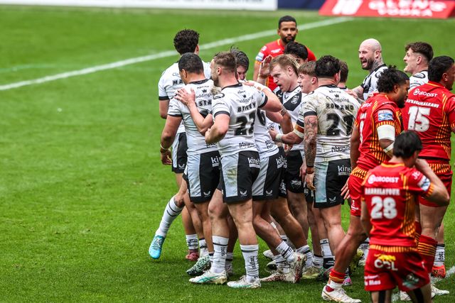 Sam Lisone of Hull FC celebrates his try during the Betfred Super League round 6 match Hull FC vs Catalans Dragons at MKM Stadium, Hull, United Kingdom on 29 March 2026

(Photo by Alfie Cosgrove/News Images)