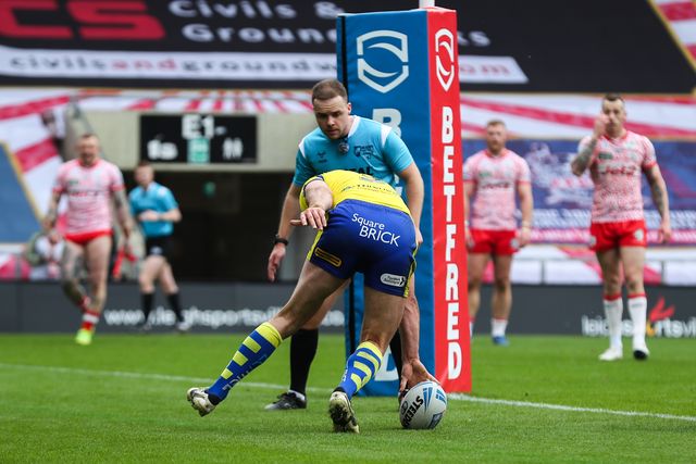 Toby King of Warrington Wolves goes over for a try and makes the score 18-6 during the Betfred Super League Round 8 match Leigh Leopards vs Warrington Wolves at Leigh Sports Village, Leigh, United Kingdom, 19th April 2025

(Photo by Gareth Evans/News Images)