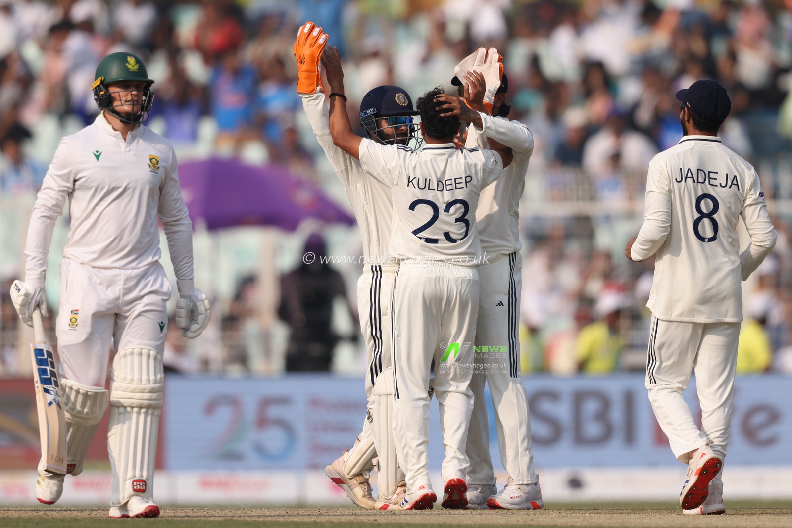 Kuldeep Yadav of India takes wicket of Riyan Rickelton by LBW and celebrates with Rishabh Pant (Vice Captain) of India during the IDFC First Bank Test Day 2 India vs South Africa at Eden Gardens, Kolkata, India, 15th November 2025

(Photo by Shubhajit Roy Karmakar/News Images)
