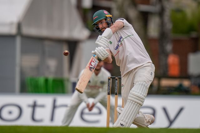 Stephen Eskinazi hits the ball for four during the County Championship Division One day 3 Leicestershire vs Nottinghamshire at Grace Road, Leicester, United Kingdom on 03 May 2026

(Photo by Maynard Manyowa/News Images)