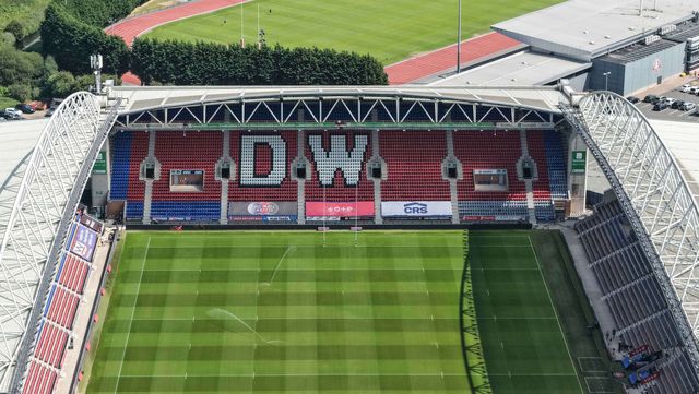 An aerial view of The Brick Community Stadium during the Betfred Super League round 18 match Wigan Warriors vs Warrington Wolves at The Brick Community Stadium, Wigan, United Kingdom on 10 July 2026

(Photo by Mark Cosgrove/News Images)