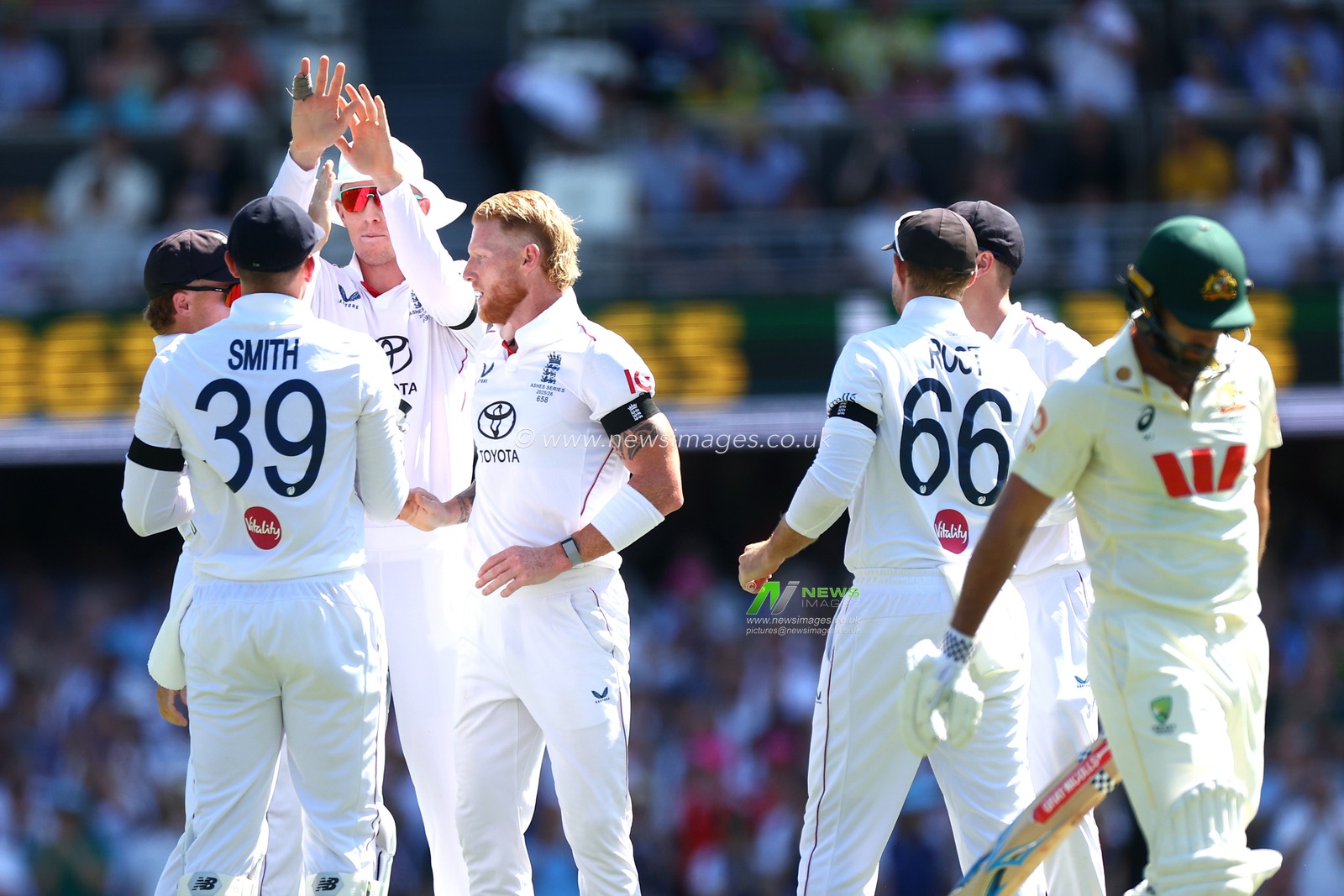 Ben Stokes of England  celebrates the dismissal of Michael Neser of Australia  during Day 3 of the Second Test in the NRMA Insurance Ashes Series Australia vs England at The Gabba, Brisbane Cricket Ground, Brisbane, Australia, 6th December 2025

(Photo by Patrick Hoelscher/News Images)

*** GER AUT SUI OUT ***