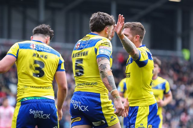 Matty Ashton of Warrington Wolves celebrates his try to make it 18-12 during the Betfred Super League Round 8 match Leigh Leopards vs Warrington Wolves at Leigh Sports Village, Leigh, United Kingdom, 19th April 2025

(Photo by Gareth Evans/News Images)