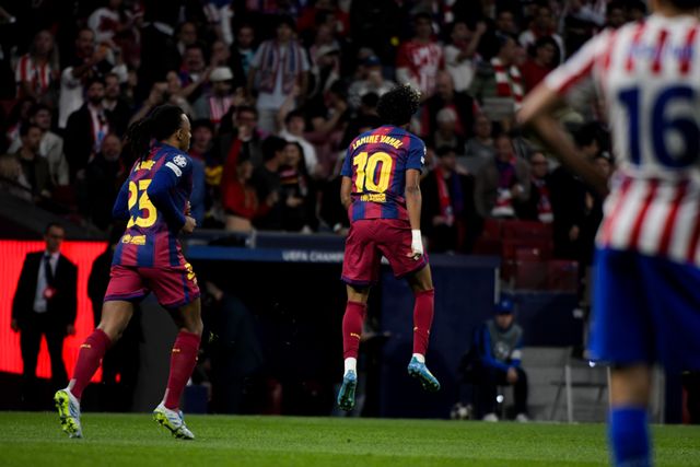 Lamine Yamal of FC Barcelona celebrate his goal during the UEFA Champions League Quarter Finals match Atletico Madrid vs Barcelona at Riyadh Air Metropolitano, Madrid, Spain on 14 April 2026

(Photo by Samuel Carreno/News Images)