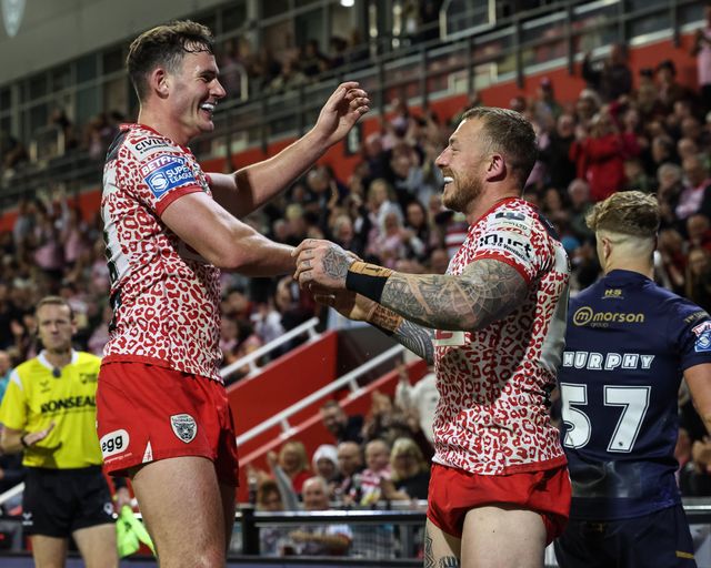 Josh Charley of Leigh Leopards celebrates his try during the Betfred Super League Round 23 match Leigh Leopards vs Salford Red Devils at Leigh Sports Village, Leigh, United Kingdom, 22nd August 2025

(Photo by Mark Cosgrove/News Images)