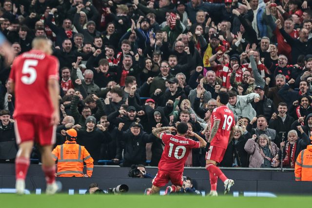 Morgan Gibbs-White of Nottingham Forest celebrates his goal to make it 1-1 during the Premier League match Manchester City vs Nottingham Forest at Etihad Stadium, Manchester, United Kingdom on 04 March 2026

(Photo by Mark Cosgrove/News Images)