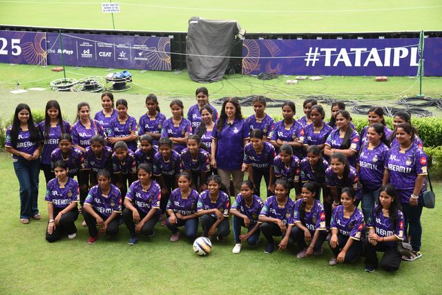 Bollywood Actress and KKR Co-owner Juhi Chawla with 40 Shahoshi Ranis attend the practice session and interact with the players  at Eden Gardens in Kolkata, India on May 6,2025,Photo by Debajyoti Chakraborty(Photo: Debajyoti Chakraborty/News Images)