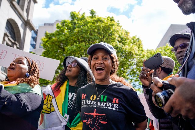 Journalist and Social Activist Romancia Chiomba protests UK-based Zimbabweans gather outside the Zimbabwe Embassy in London on 18 April 2026 to protest the Constitution of Zimbabwe Amendment (No. 3) Bill, which critics say would extend President Mnangagwa’s rule until 2030 and strip citizens of the direct vote for president.

(Photo by Maynard Manyowa/News Images)