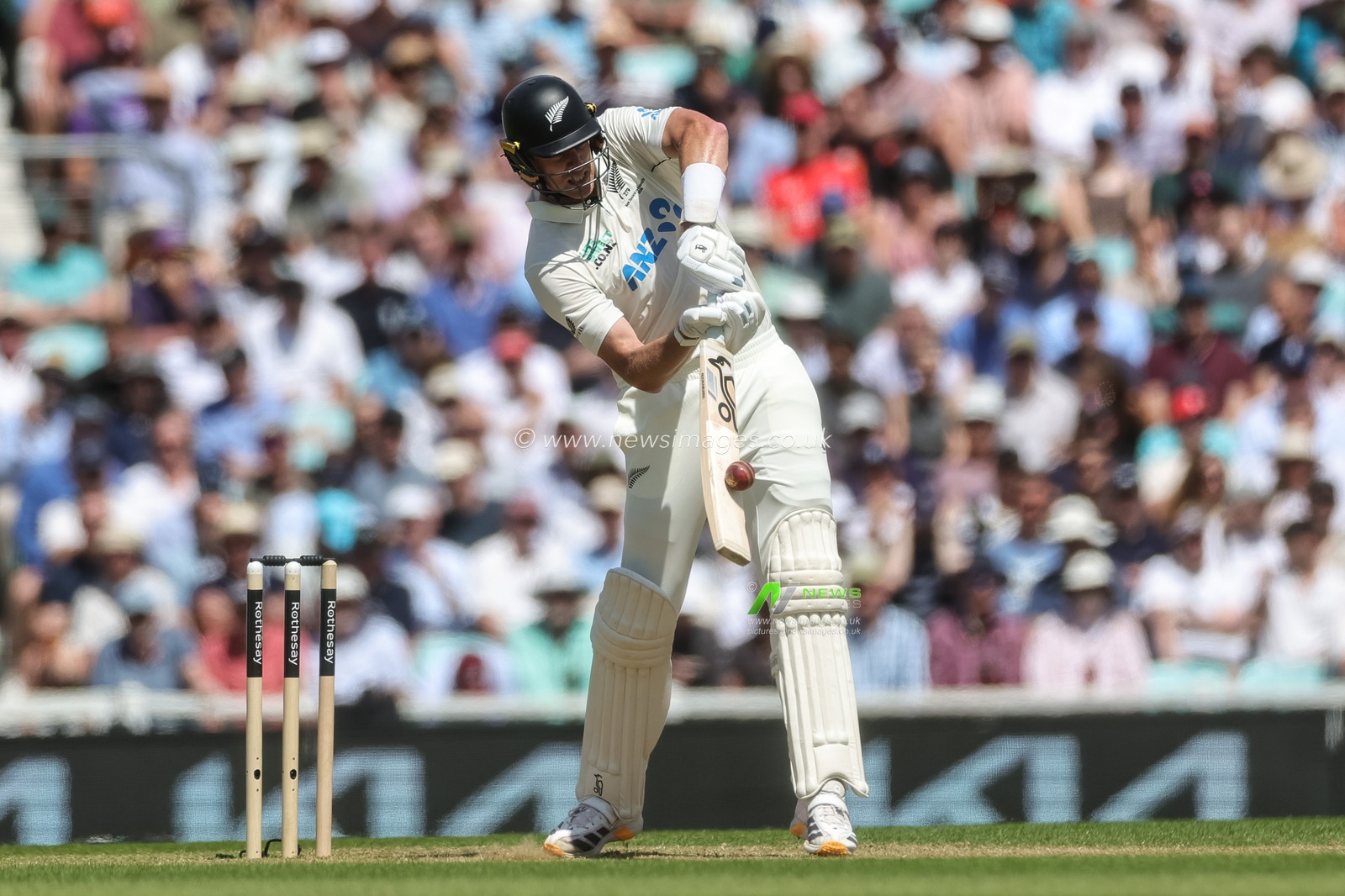 Kyle Jamieson of New Zealand hits the ball for two runs during the 2nd Rothesay Test Match Day 2 match England vs New Zealand at The Kia Oval, London, United Kingdom on 18 June 2026

(Photo by Mark Cosgrove/News Images)