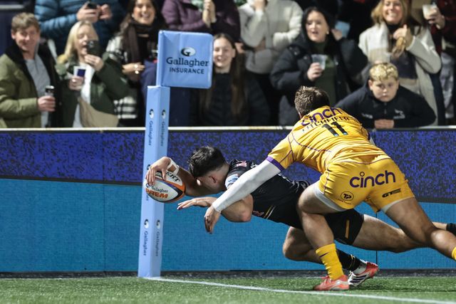 Oli Spencer of Newcastle Red Bulls goes over for a try during the Gallagher Premiership match Newcastle Red Bulls vs Northampton Saints at Kingston Park, Newcastle, United Kingdom, 17th October 2025

(Photo by Mark Cosgrove/News Images)